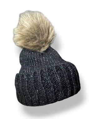 Lauren Conrad Faux Fur Pom Black Gold Daisy Beanie